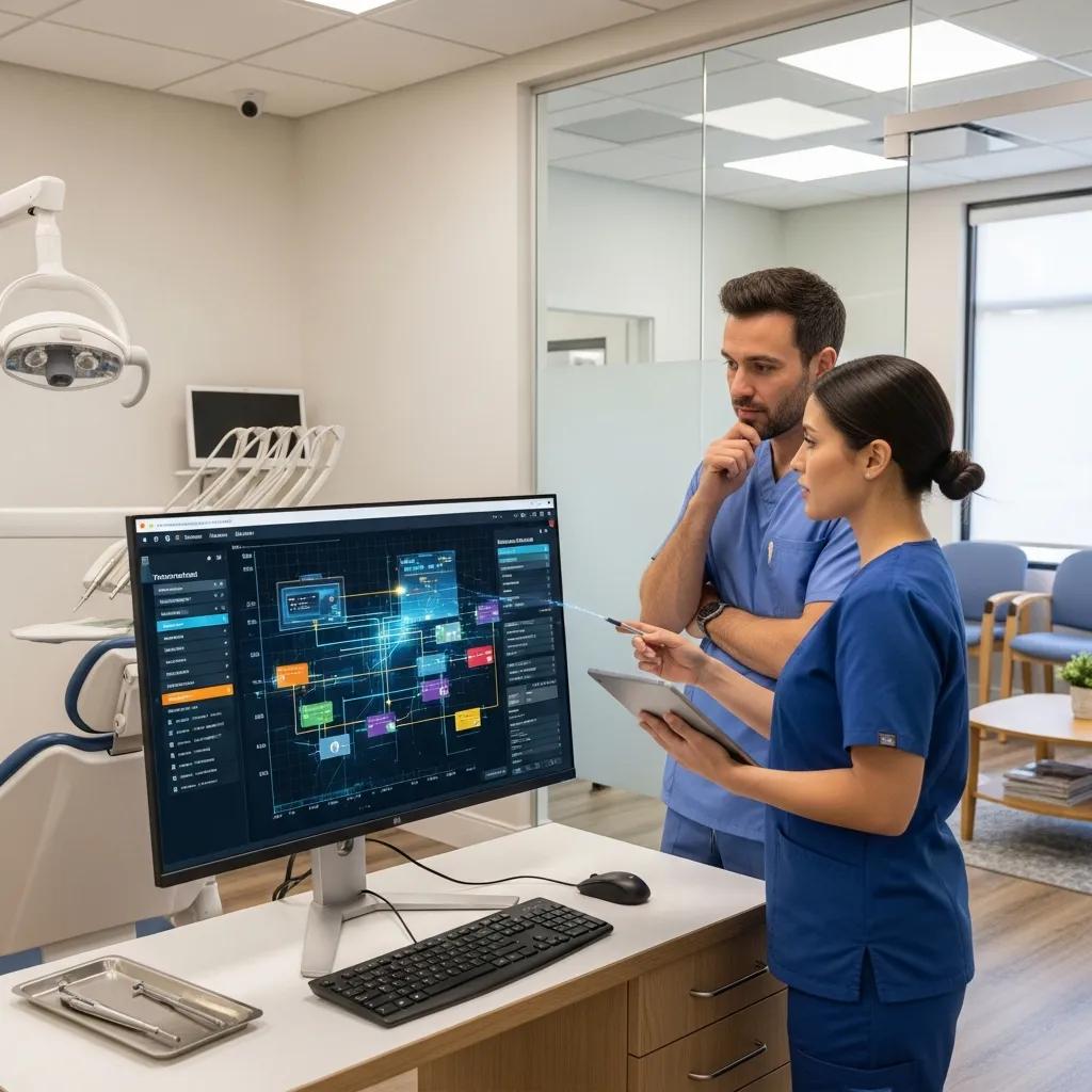 Dental professionals analyzing a digital firewall interface on a monitor, discussing network security measures in a modern dental office.