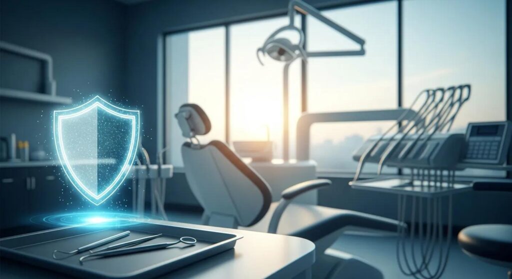 Dental office interior with dental tools on a tray, featuring a glowing shield symbolizing safety and protection in dental care.