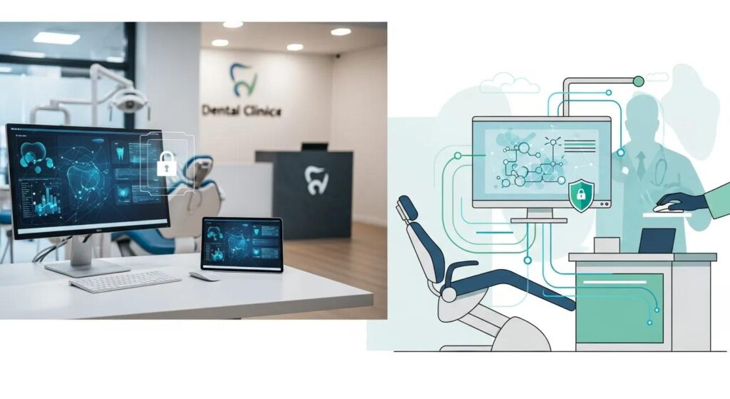 Why Managed IT for Dental Practices is a Game Changer Dental clinic interior featuring modern technology, computer screens displaying dental data and analytics, secure digital interface, dental chair, and professional environment.