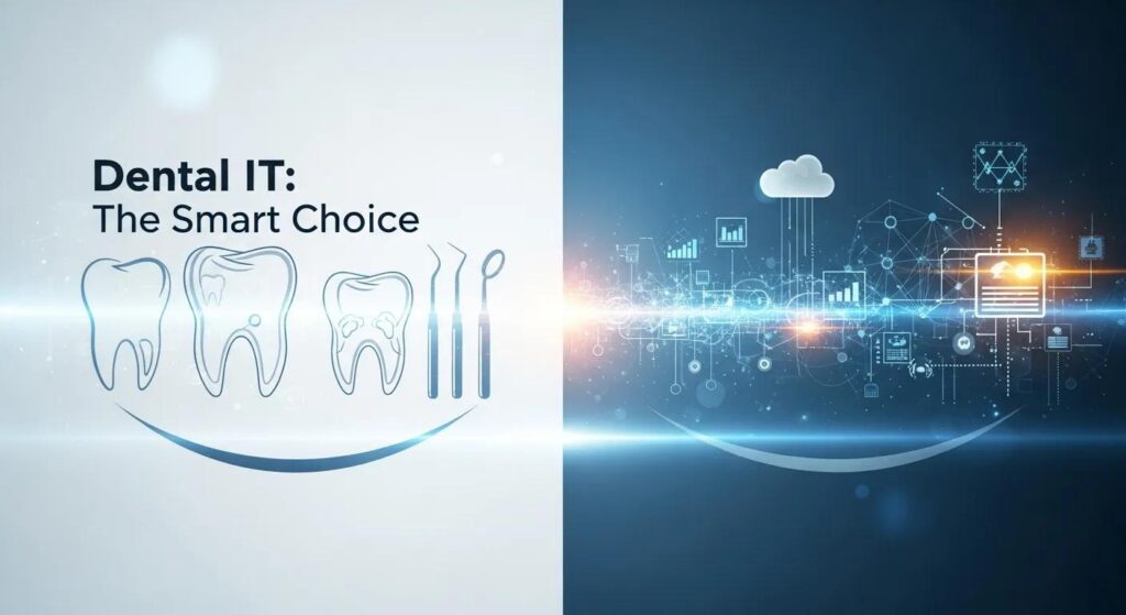 Dental IT graphic featuring dental tools, tooth illustrations, and digital data elements, emphasizing "Dental IT: The Smart Choice."