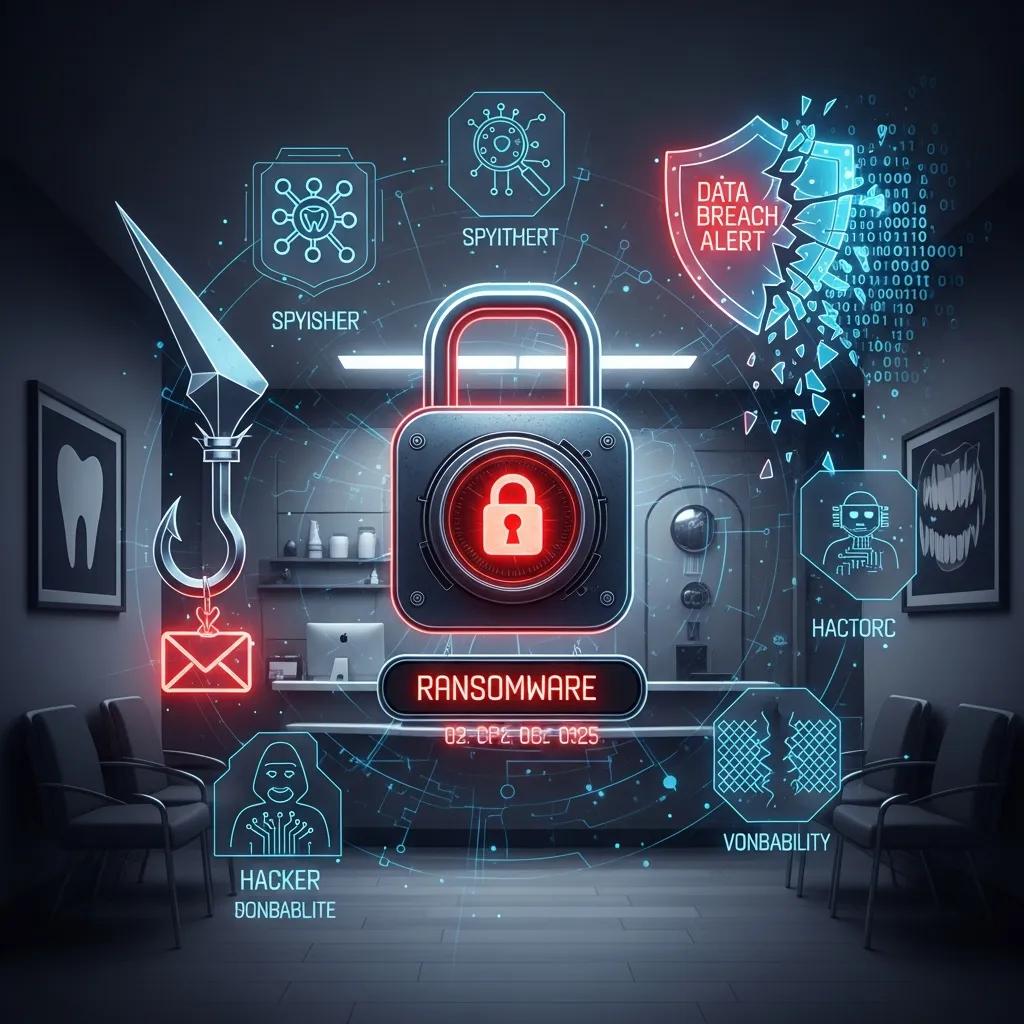 Why Dental Groups Must Prioritize Cybersecurity IT Solutions Illustration of cybersecurity threats impacting dental offices, featuring icons for ransomware, phishing, and data breaches, with a central padlock symbolizing data protection in a dental clinic setting.