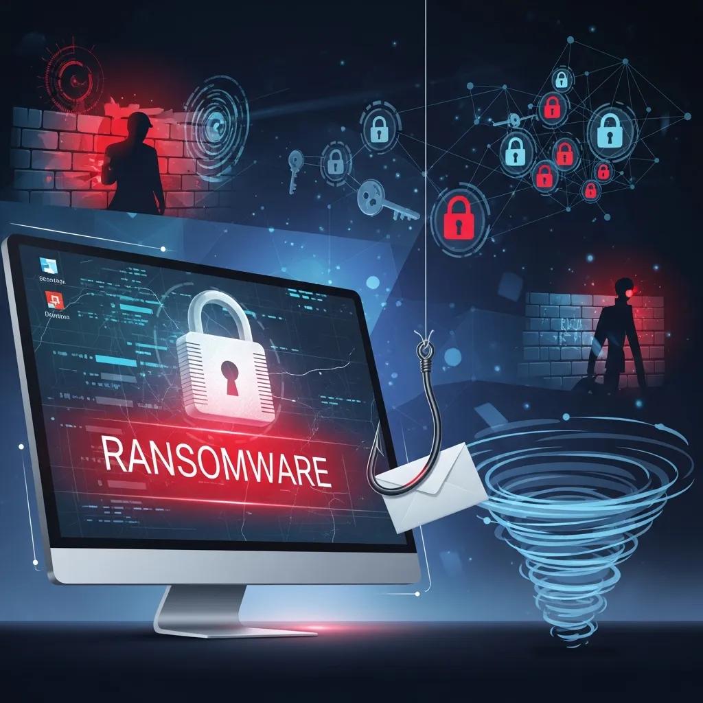 Protect Your Business: Top Cybersecurity Strategies for 2025 Illustration of cybersecurity threats in dental practices, featuring a computer screen displaying "RANSOMWARE" with a padlock, phishing hook, and background elements symbolizing digital vulnerabilities and social engineering attacks.
