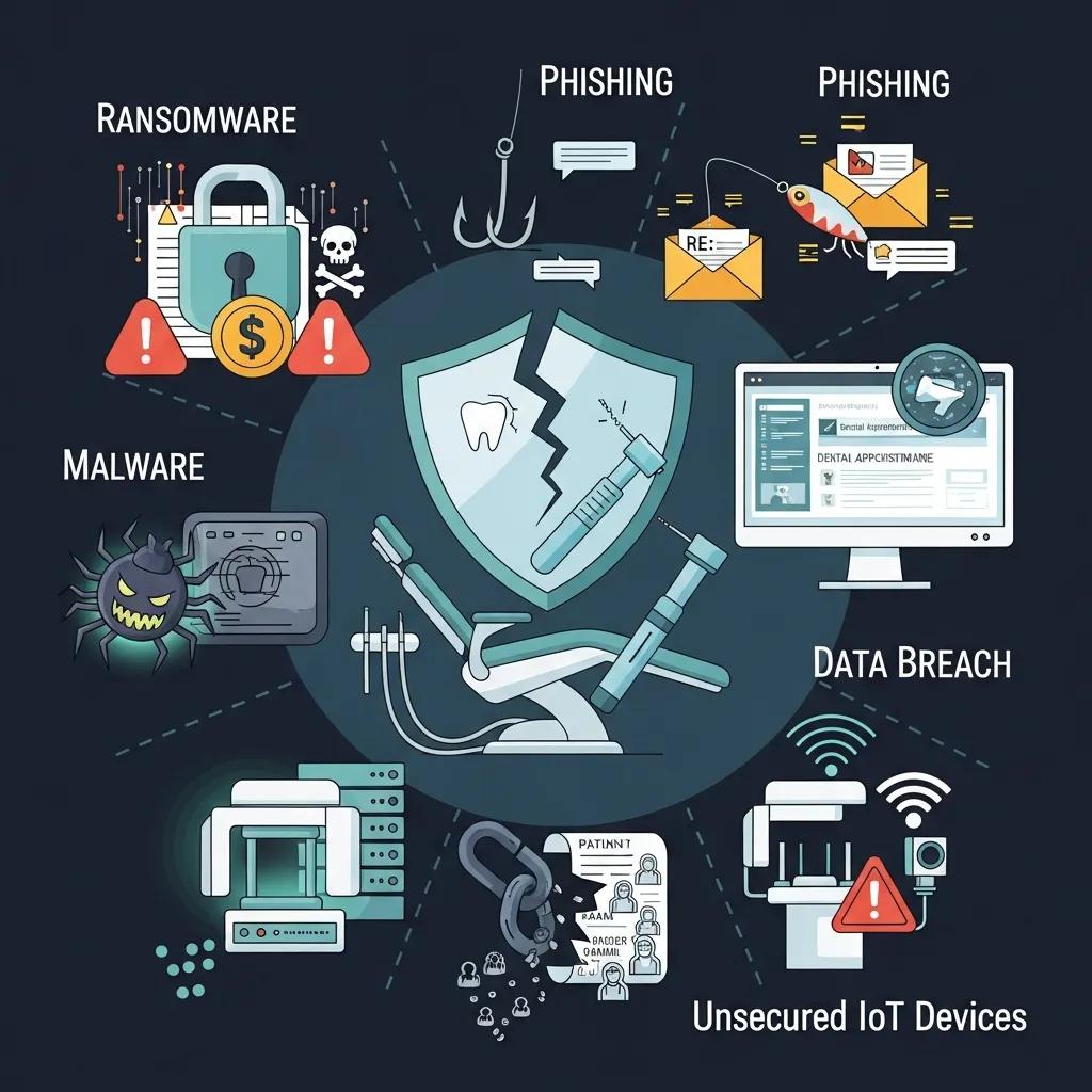 Comprehensive Guide to Cybersecurity in Dental Practices Illustration depicting cybersecurity threats in dental practices, highlighting ransomware, phishing, malware, data breaches, and unsecured IoT devices, centered around a shield with a dental icon and dental chair.
