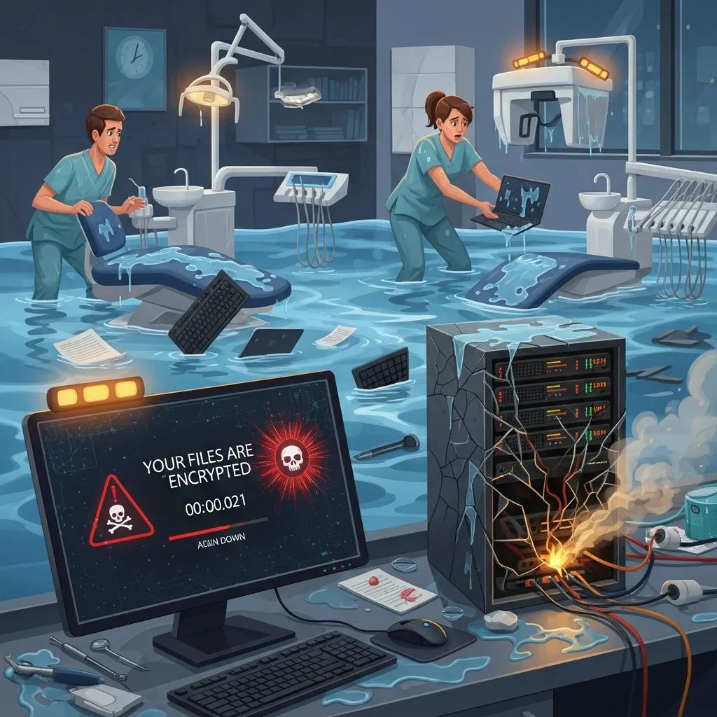 Dental clinic flooded with water, staff in scrubs attempting to salvage equipment, computer screen displaying ransomware warning "YOUR FILES ARE ENCRYPTED," damaged server with sparks, scattered papers and keyboards, illustrating data loss risks and operational disruption in dental practices.