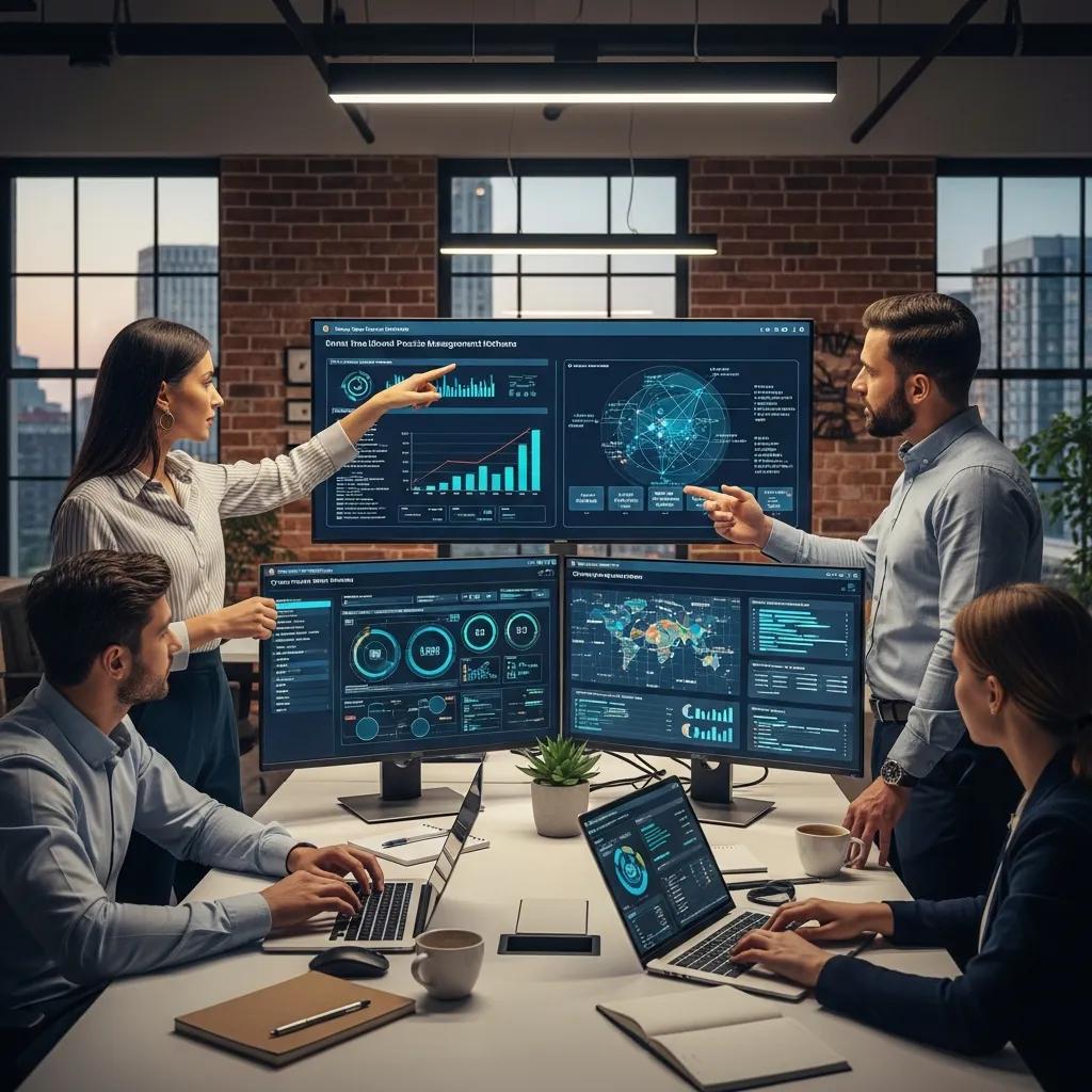 Team of IT professionals collaborating in a modern office, analyzing data on multiple screens, demonstrating teamwork and technology in dental clinic management.
