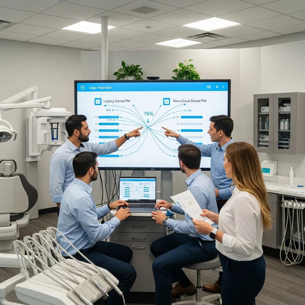 IT team collaborating on data migration processes in a modern dental practice, analyzing legacy and cloud dental practice management systems on a screen, with laptops and documentation present.