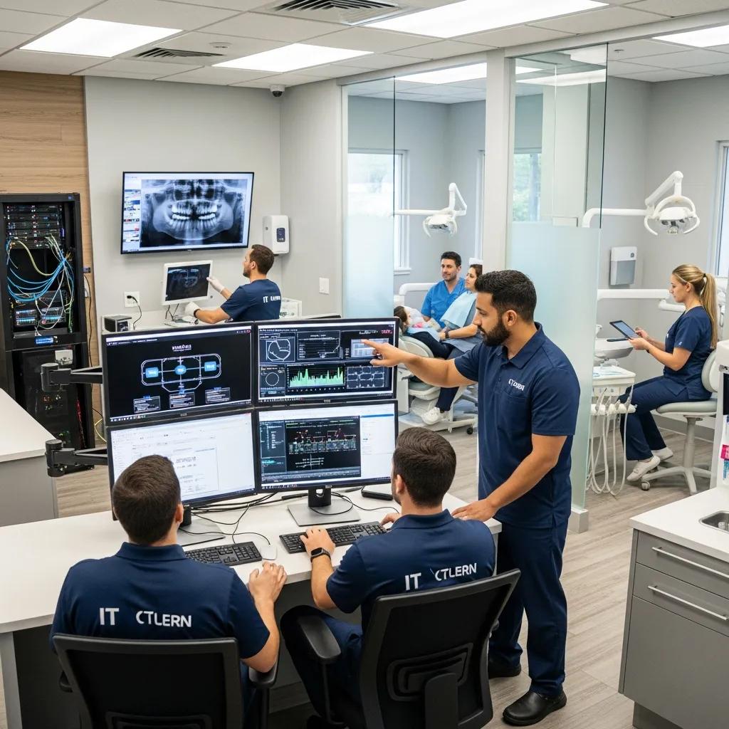 Ensure IT Compliance and Security Assessment for Dentists IT team monitoring systems in a dental clinic, displaying data on multiple screens, with dental professionals in the background, emphasizing managed IT services and clinical software integration.