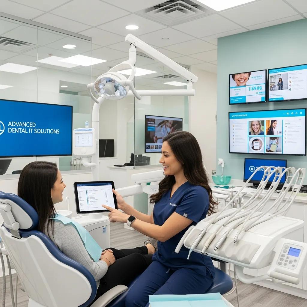 Boost Your Clinic's Online Presence with Dental Marketing IT Dental professional explaining advanced IT solutions to a patient in a modern dental clinic, featuring digital screens displaying patient engagement tools and technology integration.