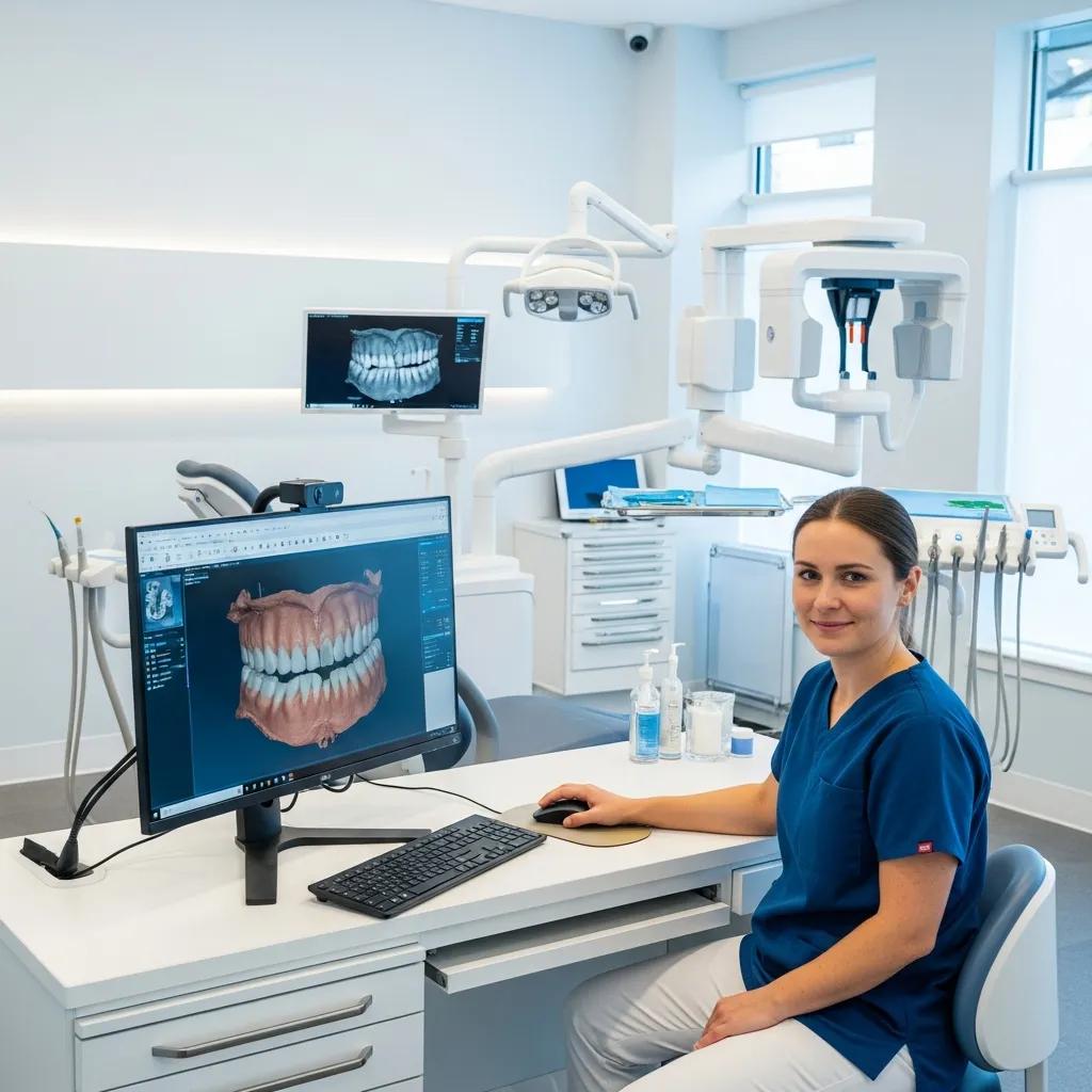 Dental professional in modern clinic using advanced IT solutions, with dental imaging displayed on computer screens, emphasizing technology integration in dental practice.