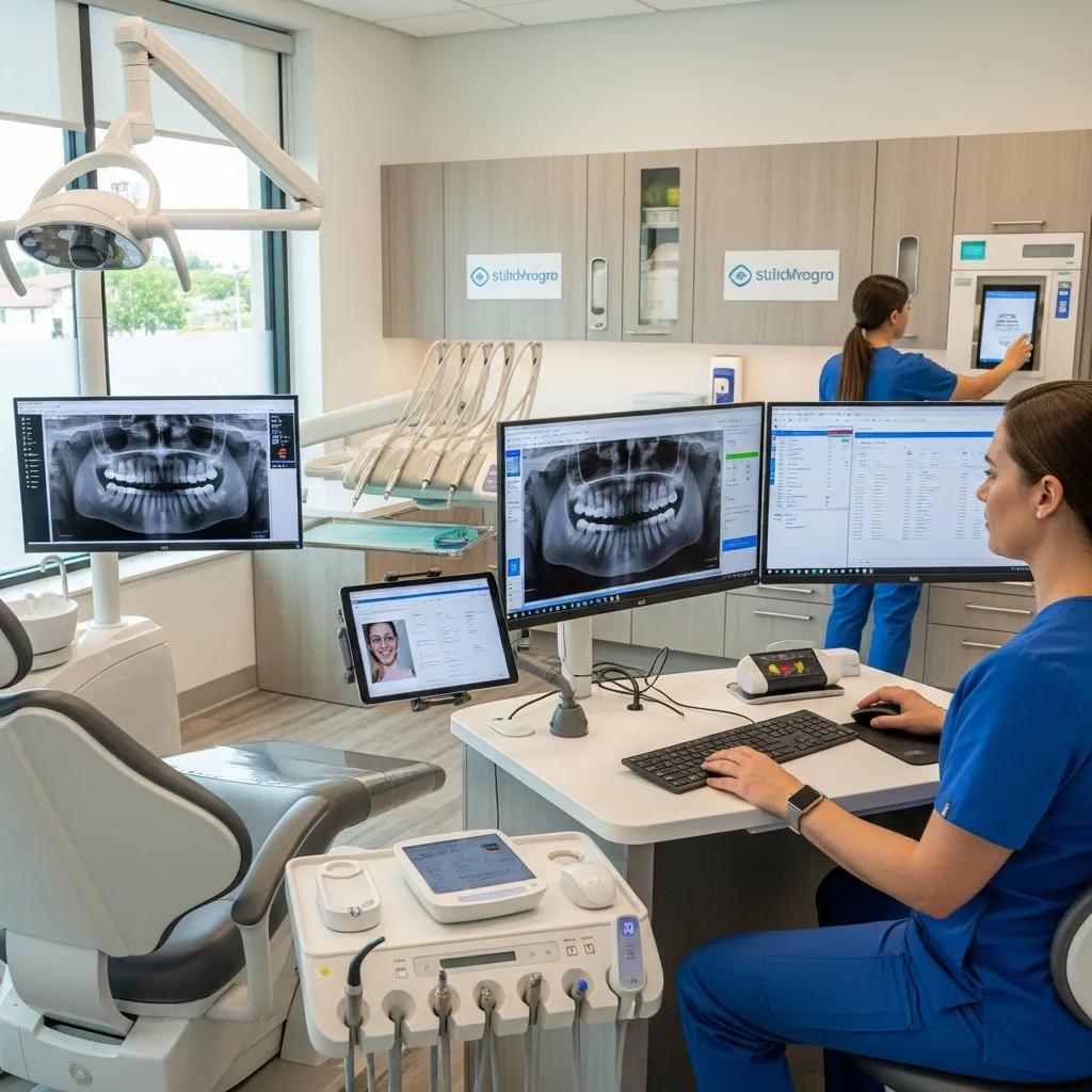 Enhance IT Solutions for Greater Dental Profitability Modern dental clinic with advanced IT solutions, featuring a dental professional analyzing patient data and X-rays on multiple screens, emphasizing technology integration in dental care.