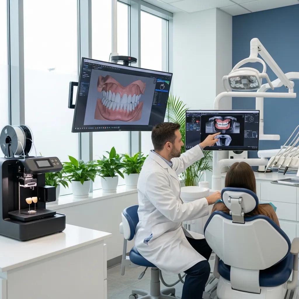 Modern dental clinic featuring advanced technology, dentist explaining treatment to patient using digital imaging on screens, 3D printer and greenery in the background.