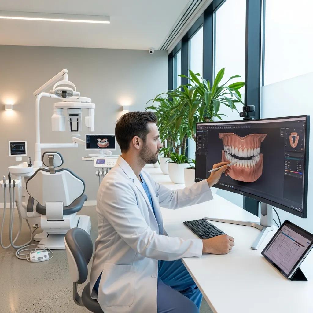 DentalTek: Leading IT Support for Today's Dental Practices Dentist in modern dental clinic using IT solutions to design digital dental models on computer screen, emphasizing technology integration and practice management.