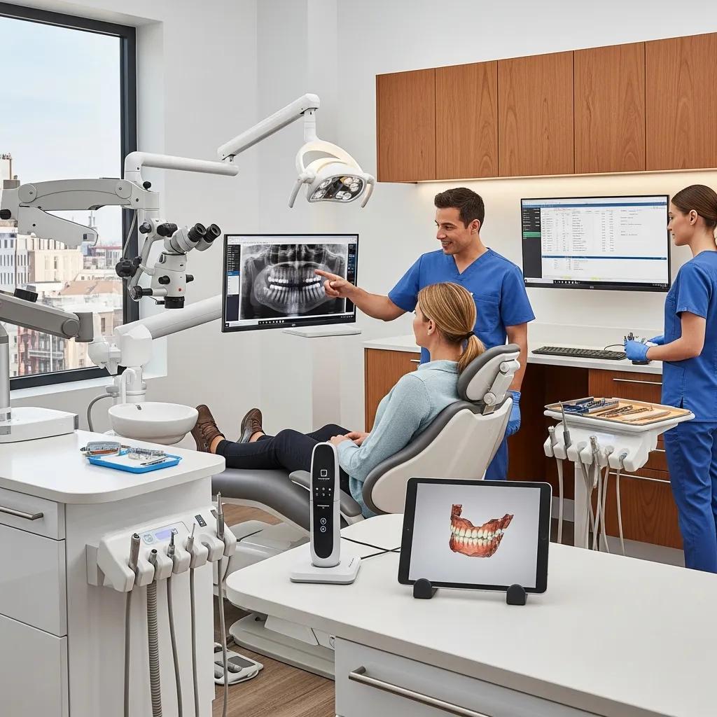 Modern dental practice with advanced technology, dentist showing X-ray to patient, staff member assisting, emphasis on IT integration and patient care.