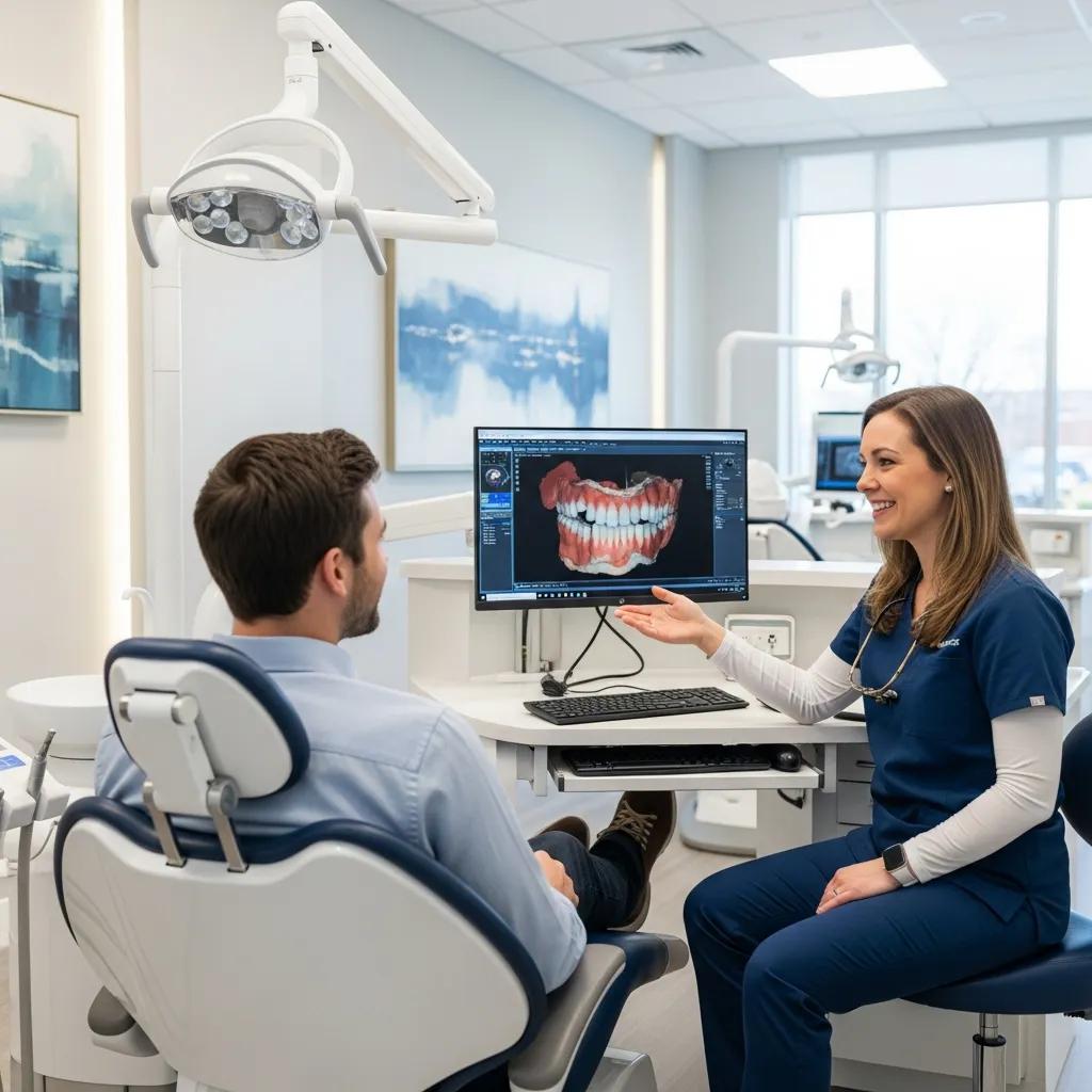 Discover Premier Dental IT Services for Canadian Clinics Dental professional discussing dental imaging with patient in modern clinic, showcasing advanced IT solutions for enhanced patient interaction and care.