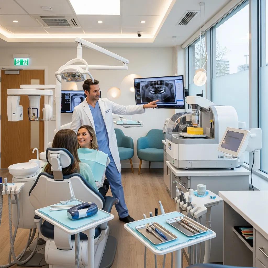Modern dental practice featuring advanced technology, dentist interacting with patient, digital X-ray on screen, CAD/CAM milling machine, and contemporary dental equipment.