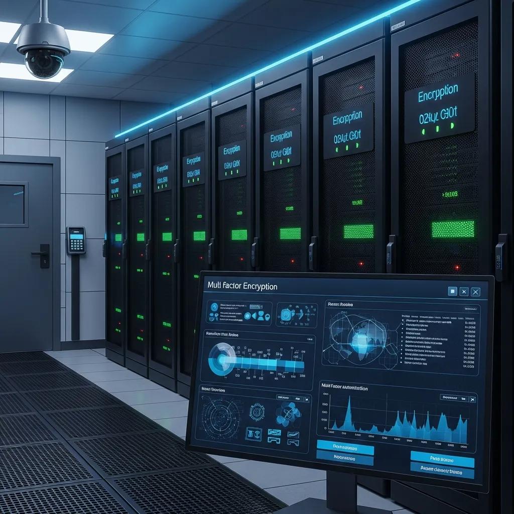 Secure Your Data with Local Cloud Backup Solutions Secure data center featuring advanced encryption and multi-factor authentication systems, with servers displaying encryption status and a monitor showcasing security analytics and metrics.