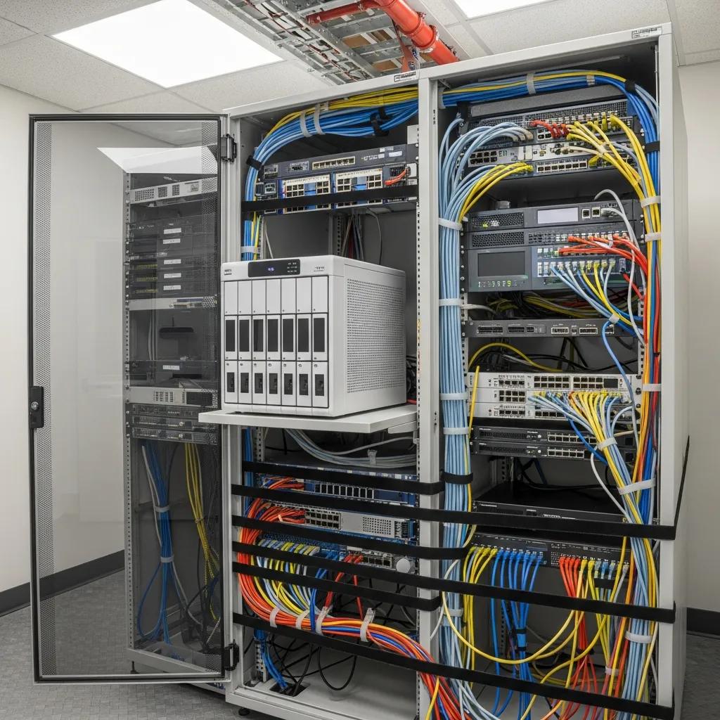 Server room in a dental practice featuring a NAS and server rack with organized network cables, illustrating local storage solutions for data backup and management.