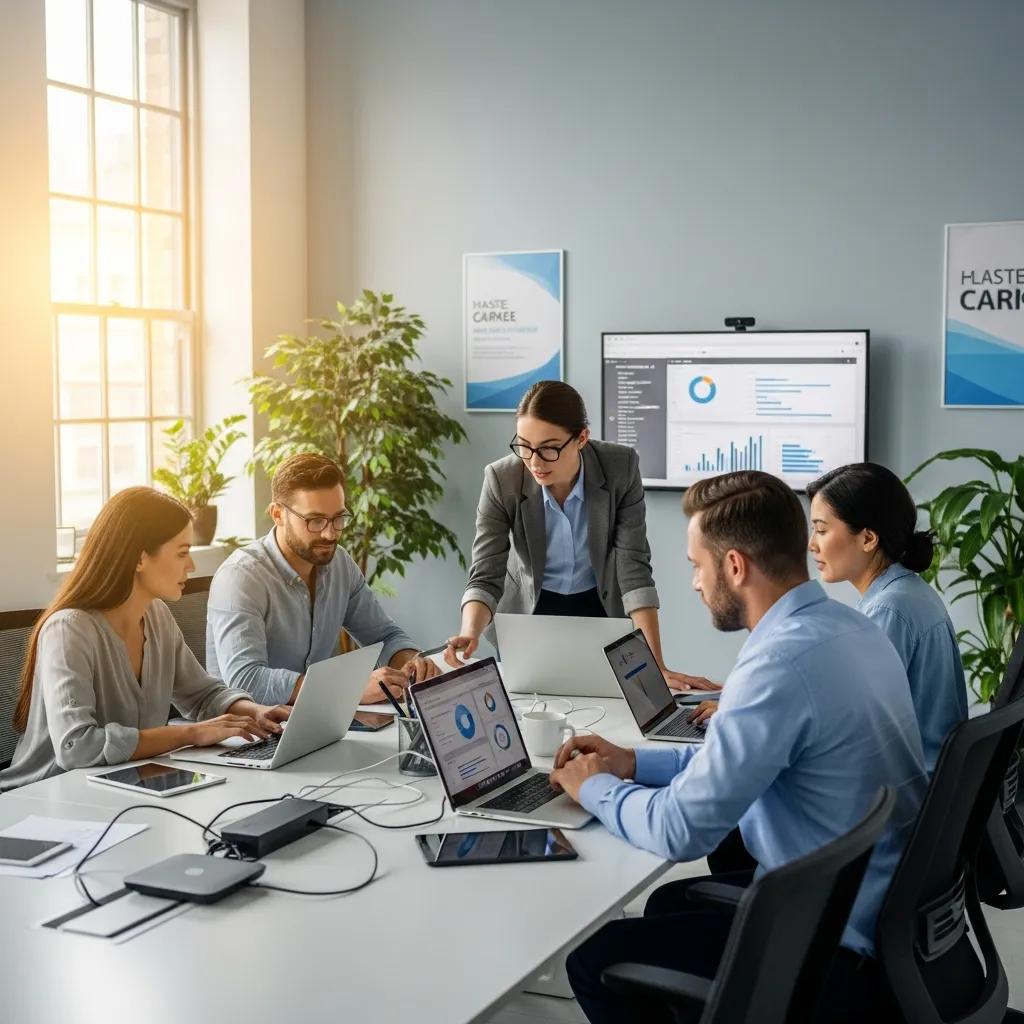 Enhance Productivity with Trusted IT Support Services Team of small business employees collaborating on IT support solutions in a modern office, analyzing data on laptops and discussing strategies.