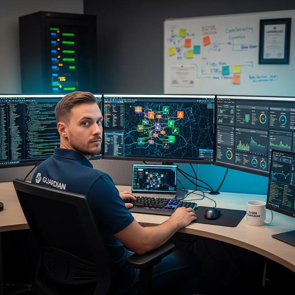 Enhance Productivity with Trusted IT Support Services IT technician monitoring multiple screens with cybersecurity data and analytics in a modern office environment, emphasizing managed IT services for small businesses.