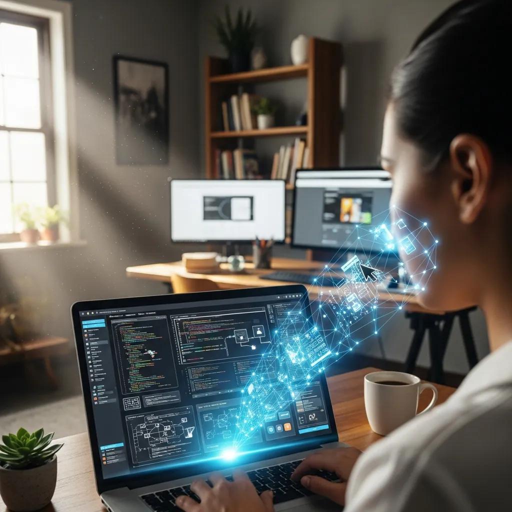 Enhance Productivity with Trusted IT Support Services Technician working on a laptop in a home office, utilizing remote IT support tools with digital interface elements, emphasizing cybersecurity and managed services for small businesses.