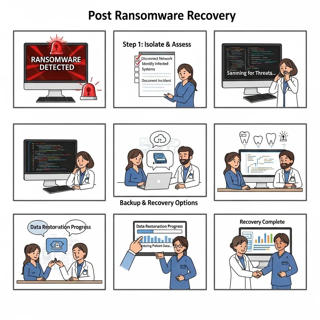 Post-ransomware recovery steps illustrated: detecting ransomware, isolating systems, assessing threats, discussing backup options, monitoring data restoration progress, and confirming recovery completion in a dental clinic setting.