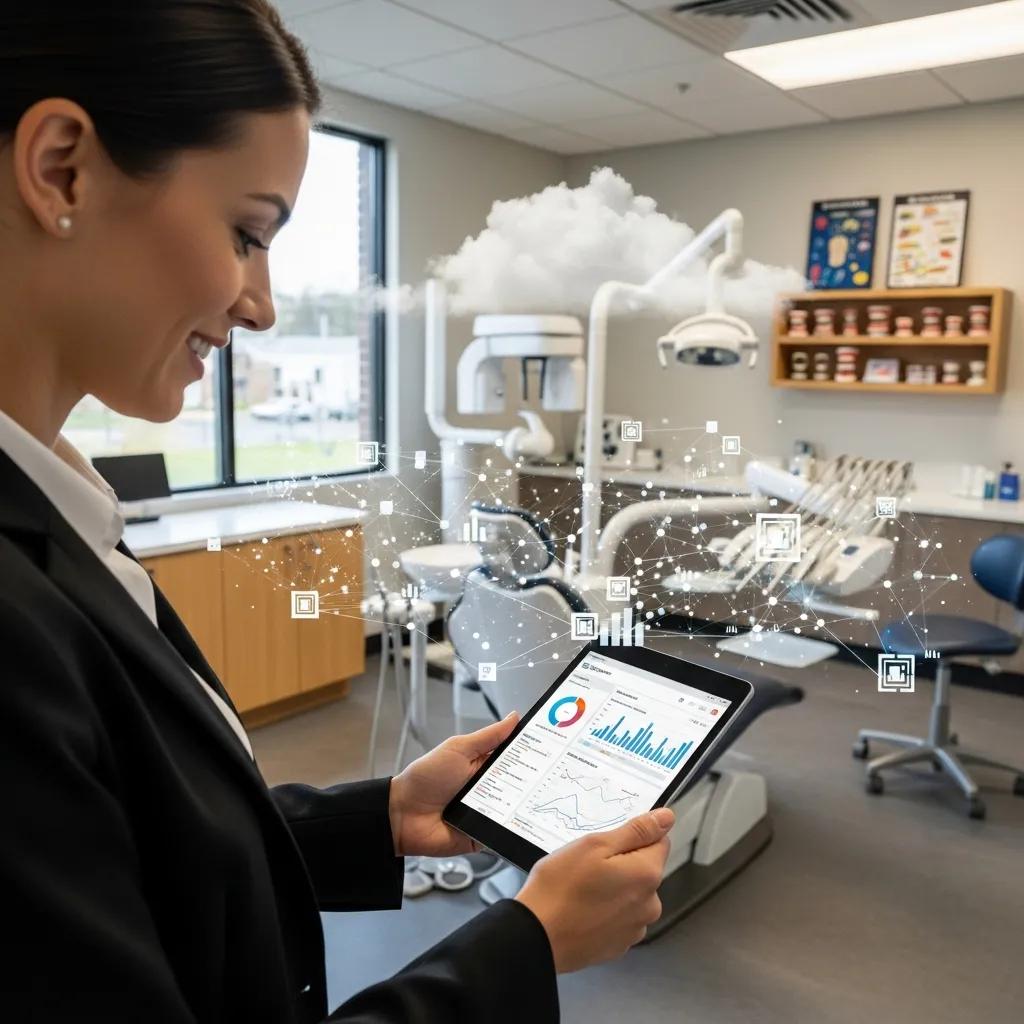 Woman in a dental office holding a tablet displaying data analytics, with cloud computing graphics and dental equipment in the background, illustrating the benefits of cloud technology for dental practice efficiency and cost savings.