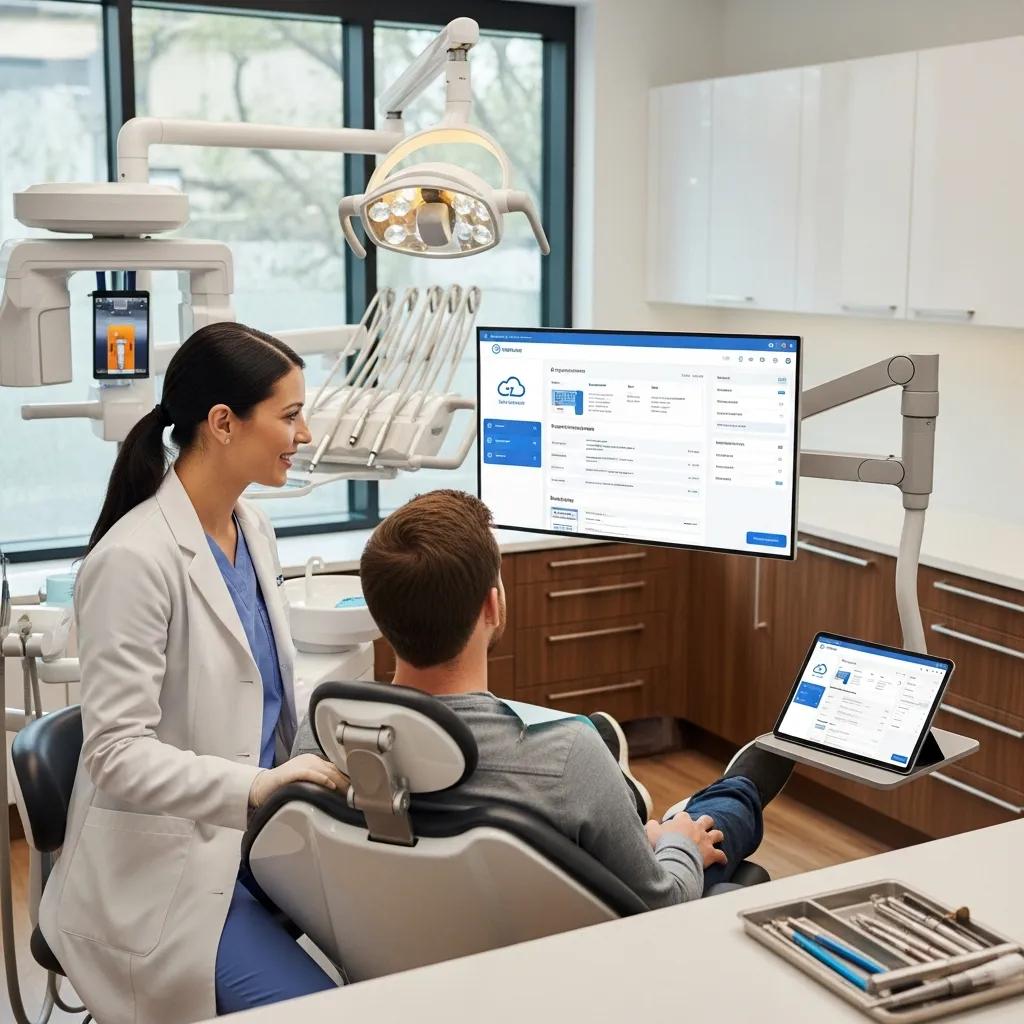 Dental professional consulting with patient in modern dental office, showcasing cloud computing technology on monitor and tablet for enhanced patient care and operational efficiency.
