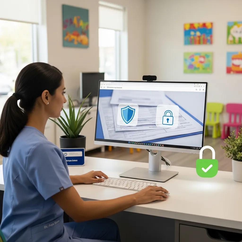 Dental staff managing secure electronic patient records in a pediatric setting