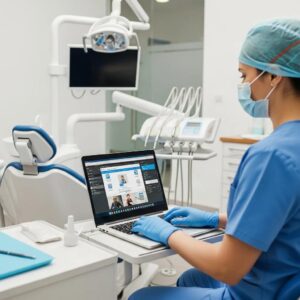 Dental professional using a laptop in a modern clinic, illustrating secure virtual desktop technology
