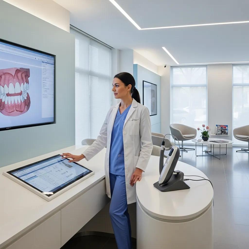 Dental professional using advanced IT equipment in a modern dental clinic