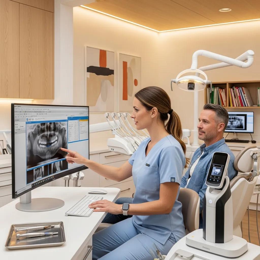 Dental professional using advanced IT equipment in a modern dental practice