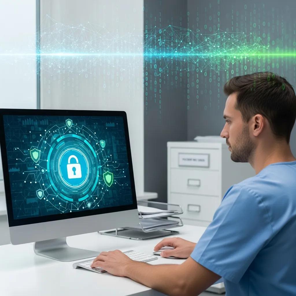 Dental clinician protecting patient records with cybersecurity best practices