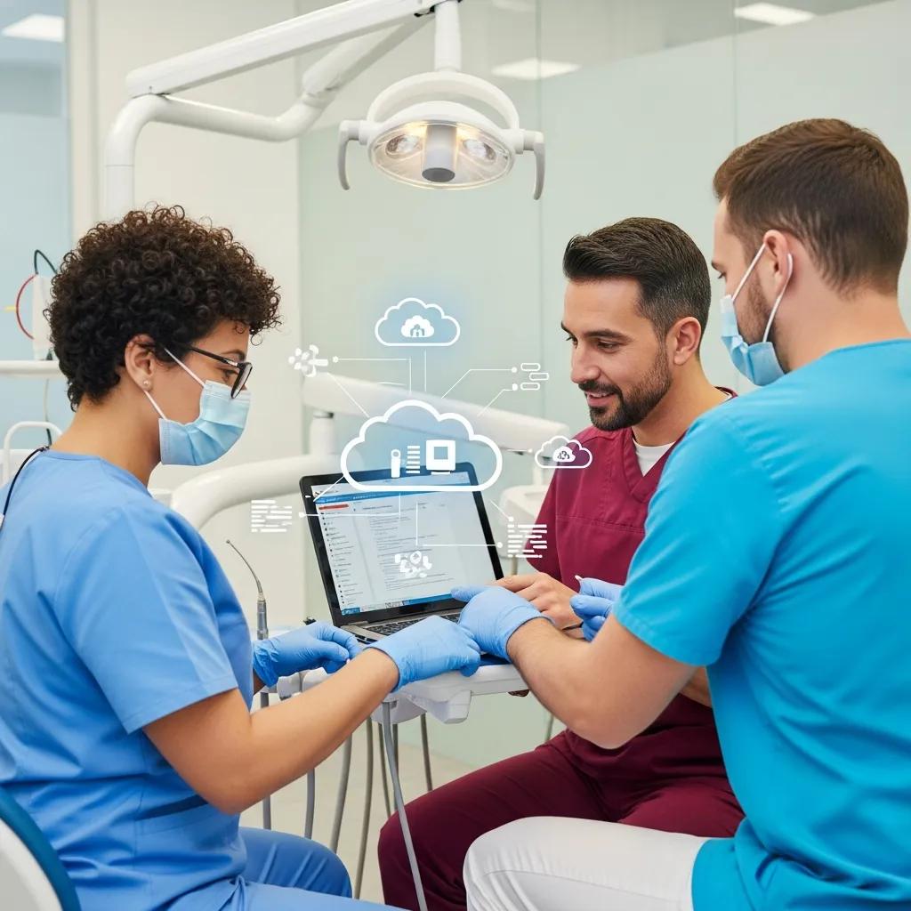 Dental team using cloud-enabled practice management tools in a pediatric office