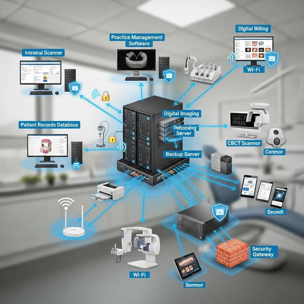 Diagram showing a dental clinic's IT systems and how they connect