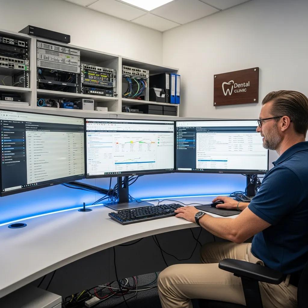 IT specialist managing centralized virtual desktop systems for a dental clinic