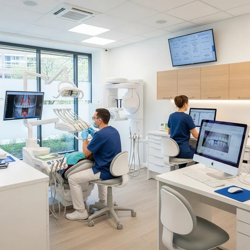 Modern dental clinic with advanced IT solutions and professionals interacting with technology