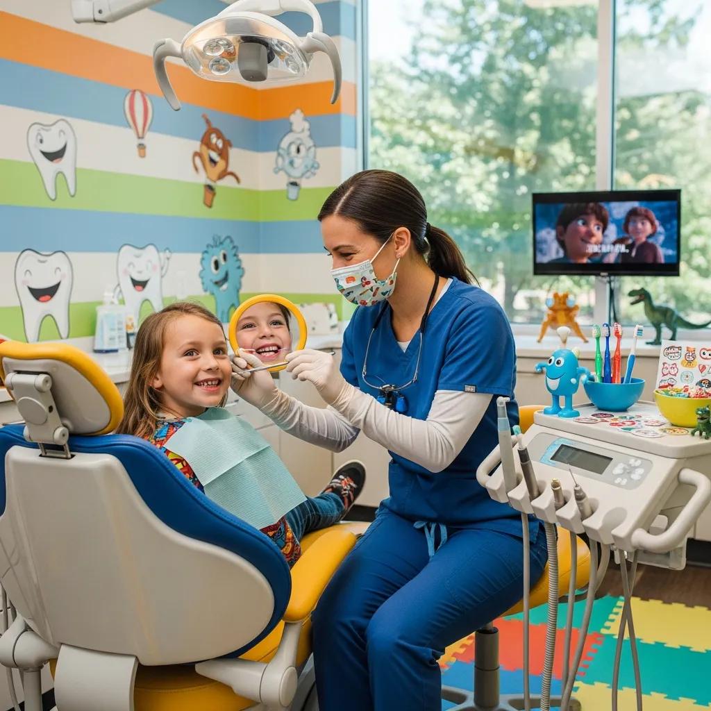 Pediatric dental clinic with a friendly dentist and a child, showcasing a welcoming environment