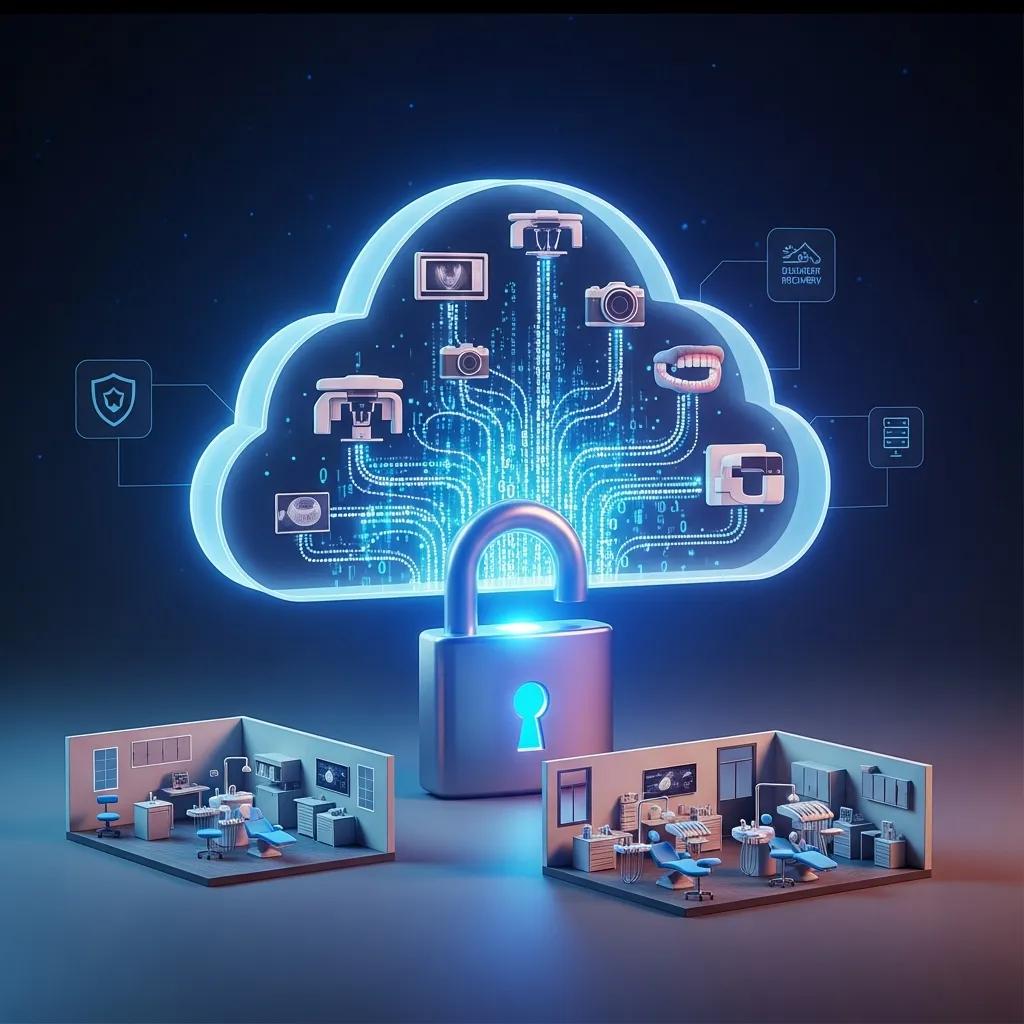 Graphic showing cloud backup and disaster recovery for a dental clinic