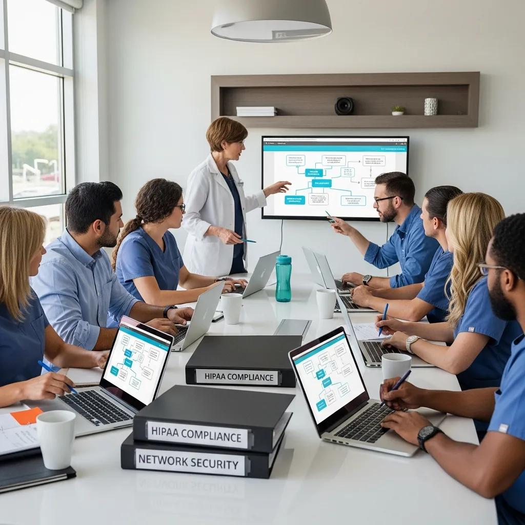 Dental staff reviewing HIPAA and network security policies in the office