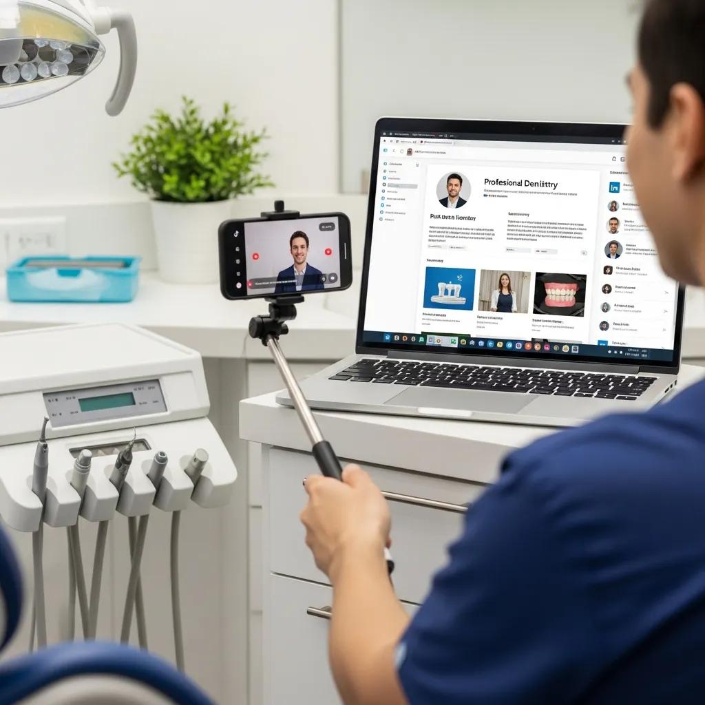 Boost Patient Engagement with Dental Social Media Tools Dental professional filming a short video while referencing a LinkedIn profile in the background