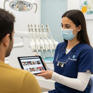 Dental professional using a tablet for social media marketing in a modern dental clinic