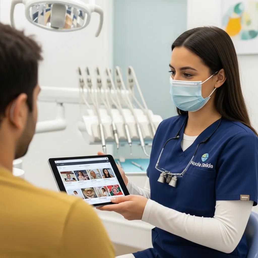 Boost Patient Engagement with Dental Social Media Tools Dental professional using a tablet for social media marketing in a modern dental clinic