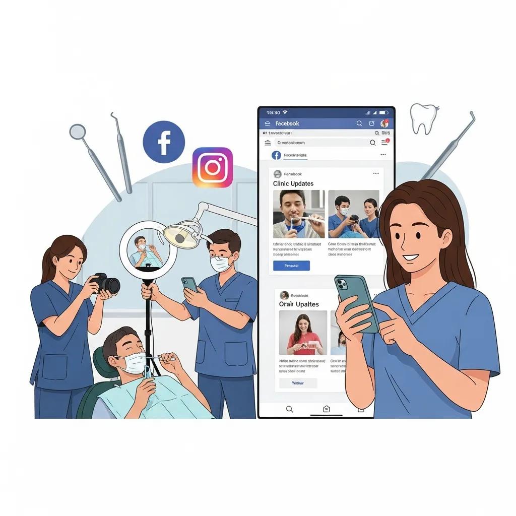 Boost Patient Engagement with Dental Social Media Tools Dental team creating social content while a patient engages with posts on a smartphone
