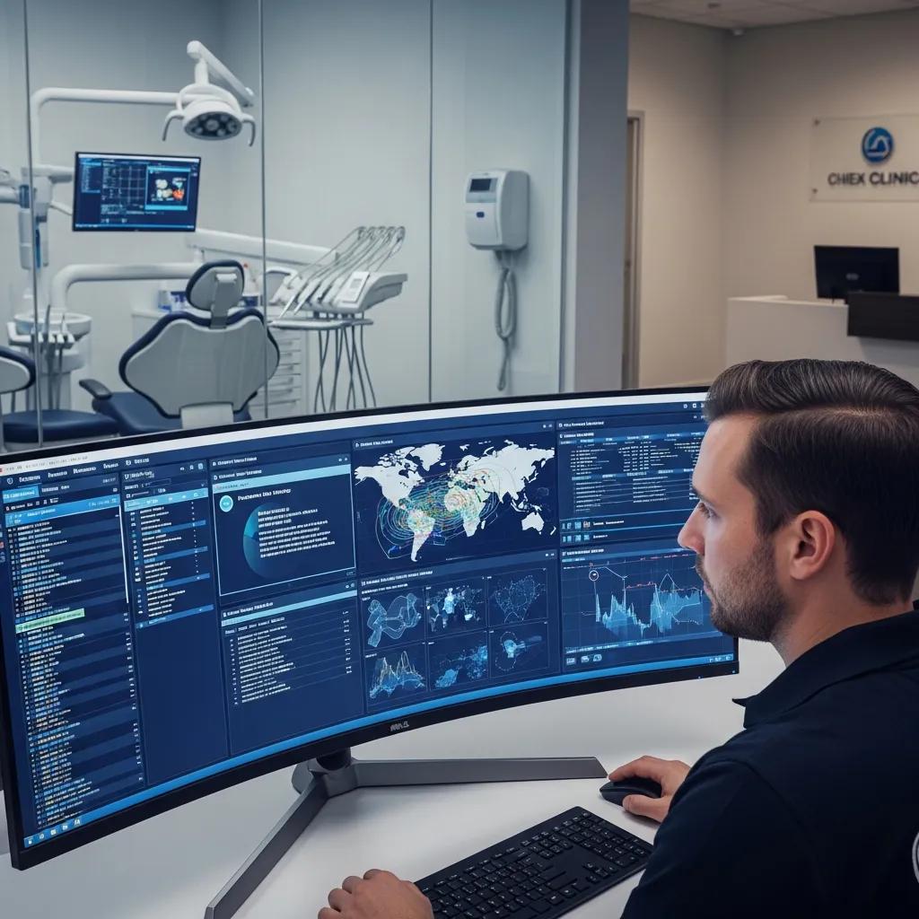 IT technician monitoring a dental clinic network for security and performance