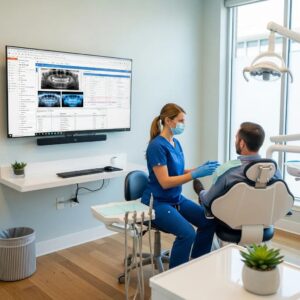 Modern dental clinic with practice management software in use, highlighting a dentist and patient interaction